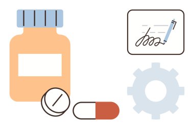 Pill bottle, tablets, capsule, prescription pad with pen, and gear wheel symbolizing medicine, pharmacy, healthcare processes, policy treatment innovation drug development. Simple flat metaphor