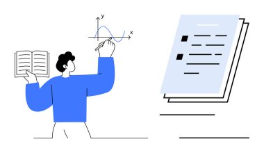 Person holding a book, drawing a line chart on an axis. Stack of paperwork nearby. Ideal for education, studying, data analysis, planning, report creation problem-solving research. A simple flat