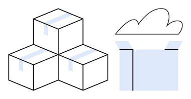Group of three sealed boxes stacked together alongside an open package with a cloud emerging. Ideal for logistics, storage, delivery, shipping, cloud services, e-commerce, simple flat metaphor