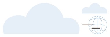 Large cloud shape paired with a smaller cloud and globe outline with connection bars. Ideal for data, technology, networking, internet, wireless, innovation, digital transformation. Simple flat