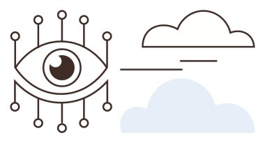 Abstract digital eye surrounded by connecting nodes facing stylized clouds, symbolizing technology, data visualization, cloud innovation, vision, connectivity, AI insights, and futuristic concepts