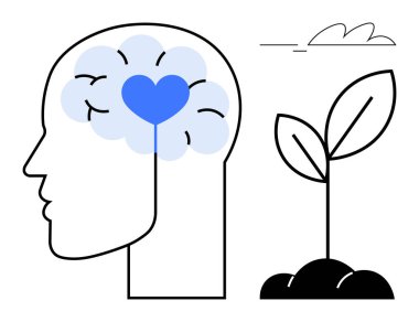 Silhouette head with blue heart in the brain area near sprouting plant in soil. Ideal for mental health, growth, mindfulness, self-care, development, education, nurturing. Simple flat metaphor