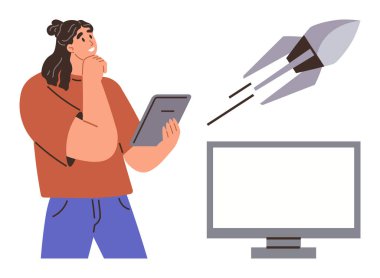 Woman holding tablet and pondering as a rocket launches towards a screen. Ideal for innovation, technology, advancement, project planning, problem-solving, creativity, futuristic concepts. A simple