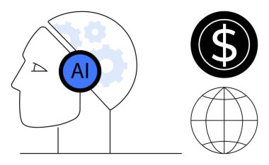 Human head silhouette with AI badge, gears symbolizing automation, a currency dollar sign, and globe. Ideal for technology, AI innovation, global trade, finance, automation future digital economy