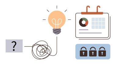Tangle leading to lightbulb, analytics calendar, and locked icons highlight innovation, planning, analysis, security, brainstorming, decision-making problem-solving. Ideal for creativity planning