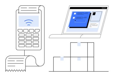 Payment terminal processing receipt, laptop screen displaying e-commerce platform, and stacked boxes. Ideal for retail, online shopping, logistics, payment systems, supply chain, business tools