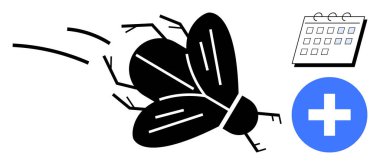 A black fly in motion near a healthcare cross and calendar. Ideal for health, pest control, hygiene, prevention, scheduling, reminders, agriculture. A simple flat metaphor