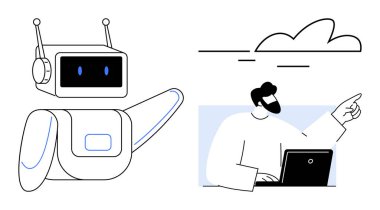 Robot with antenna and raised arm beside man pointing while using a laptop, representing collaboration between technology and people. Ideal for AI, innovation, teamwork, tech education, future