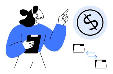 Woman with headset and clipboard gestures toward dollar icon and data exchange folders. Ideal for finance, customer support, transaction management, file sharing, business communication, remote work
