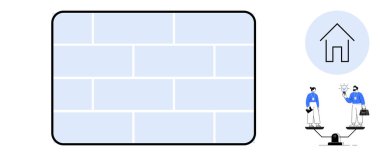 Brick wall backdrop with two professionals balancing on a scale, holding documents and ideas. Small home icon above. Ideal for teamwork, balance, real estate, equity, collaboration, decision-making