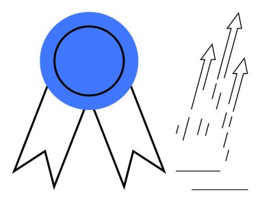 Blue badge with ribbons symbolizing accomplishment, paired with ascending arrows for growth, success, and improvement. Ideal for leadership, motivation, rewards, achievement, career growth