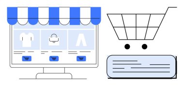 Computer screen with storefront, product icons, and cart navigation representing online shopping. Ideal for e-commerce, retail, digital marketplace, technology, shopping, business and marketing