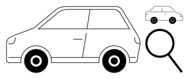 Large car outline with magnifying glass and smaller vehicle version. Ideal for vehicle inspection, analysis, quality control, automotive research, search tools, automobile maintenance, simple flat