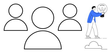 Person carrying light bulb with plant toward abstract group of people, emphasizing teamwork, leadership, innovation, creativity, sustainability, community, brainstorming. Simple flat metaphor