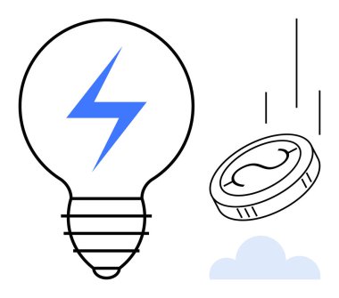 Lightbulb with lightning bolt, falling coin, and cloud symbolizing ideas, energy, financial growth, sustainability, technology, investments and creativity. Ideal for innovation renewable energy