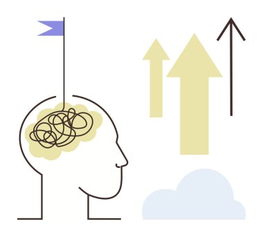 Linear head outline with tangled thoughts and goal flag, rising arrows for progress and growth, cloud for clarity and insight. Ideal for innovation, mindfulness, development, focus, problem-solving