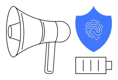 Megaphone for communication, shield with fingerprint for digital security, battery icon for energy. Ideal for communication, cybersecurity, data protection, tech efficiency, advocacy, branding