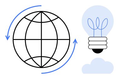 Globe surrounded by arrows next to a light bulb and cloud. Ideal for sustainability, innovation, eco-friendliness, technology, energy, global connection, environment. Simple flat metaphor