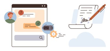 Chat interface with question-answer exchange, chatbot automation settings, and digital writing on paper in a cloud. Ideal for AI communication, automation, customer service, content creation, cloud