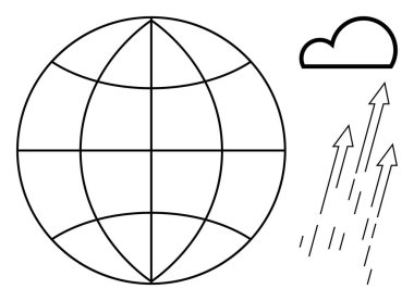 Spherical grid symbolizing a global network, cloud icon, and arrows illustrating upward dynamics. Ideal for technology, sustainability, climate action, communication, innovation, networking global