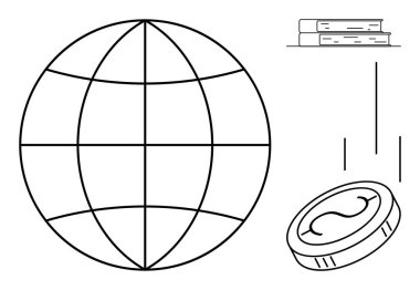 Globe symbolizing global connection, books for knowledge, and falling coin for finance. Ideal for economy, education, globalization, investment, knowledge sharing, financial growth simple flat
