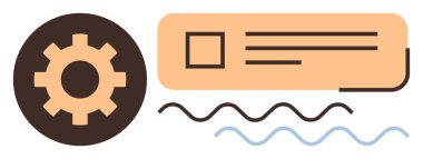 Gear icon next to a text box with wavy lines underneath, representing workflow, system settings, communication, process management, innovation, organization, and digital tools. Minimalist flat