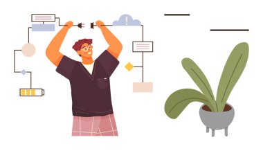 Man links plugs to flowchart elements, representing workflow, ideas, or connections. Potted plant suggests growth and sustainability. Ideal for innovation, teamwork, workflow, sustainability