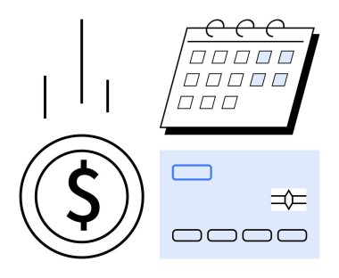 Calendar for scheduling, dollar sign for finance, credit card for payment. Ideal for budgeting, finance, organization, payment, saving planning scheduling. Simple flat metaphor