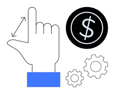 Hand measuring space, dollar icon, and gears convey focus on financial planning, value assessment, and productivity. Ideal for business, engineering, finance, teamwork cost optimization growth
