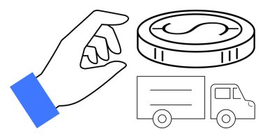 Hand reaching for money next to delivery truck represents commerce, payment, shipping, logistics, business deals, transportation, and trade. Ideal for e-commerce, shipping finance themes simple