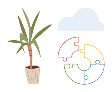 Potted plant, cloud, and circular puzzle in soft colors symbolize nature, sustainable growth, collaboration, and balanced solutions. Ideal for teamwork, mindset, ecology innovation problem-solving