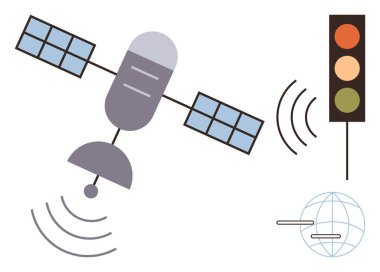 Satellite with solar panels emitting signals to a globe and smart traffic light, highlighting connectivity, navigation, IoT, data transmission, automation, smart cities, and technology innovation. A