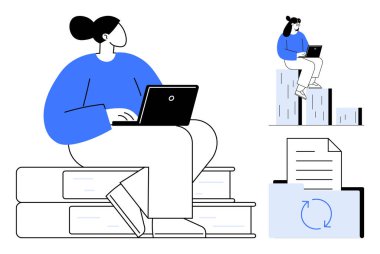 Woman working on a laptop sitting on stacked books, second figure on graph bars with documents and circular arrows. Ideal for education, data analysis, remote work, growth, multitasking, learning