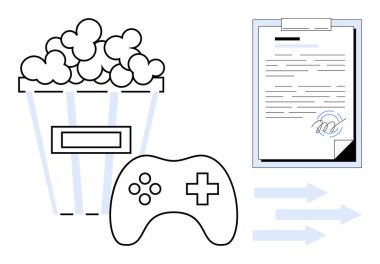 Popcorn bucket, game controller, signed document, and arrows symbolizing entertainment, gaming, agreements, and workflow. Ideal for media, contracts gaming culture leisure productivity business
