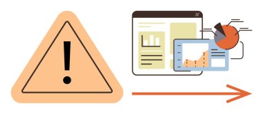 Exclamation mark warning with arrow pointing to charts, graphs, and analytics. Ideal for risk management, decision-making, data insights, business strategy, problem-solving, workflow simple flat
