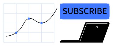 Curved growth graph with data points beside a bold Subscribe button and a sleek laptop graphic. Ideal for analytics, subscriptions, growth, strategy, marketing, technology, education. Simple flat