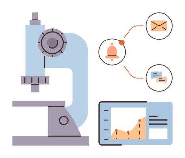 Microscope beside display screen with graph analytics and communication symbols. Ideal for research, innovation, data monitoring, connection, collaboration, technology, and education. Simple flat