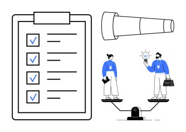Checklist with marked tasks, large telescope symbolizing vision, two professionals discussing an idea on a balance scale. Ideal for teamwork, leadership, planning, innovation, collaboration, task
