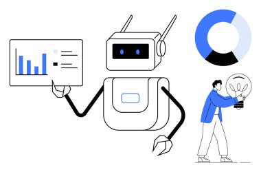 Robot presenting analytics, chart, and data while a human holds a glowing light bulb. Ideal for technology, AI, data analysis, teamwork, innovation creativity future trends. Simple flat metaphor