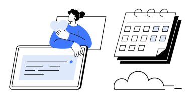Person holding a heart above a tablet, calendar with highlighted dates, and a cloud detail. Ideal for time management, digital tools, emotions, organization, productivity, connection workflow