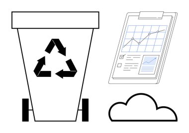 Recycling bin with eco symbol, data chart on clipboard, cloud shape. Ideal for sustainability, recycling, data analysis, eco tech, green energy waste reduction cloud solutions. Simple flat metaphor