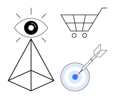 Eye atop pyramid symbolizing insight, shopping cart for commerce, dartboard with bullseye for precision. Ideal for strategy, marketing, e-commerce, insight, focus goals innovation. Simple flat