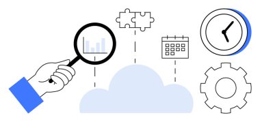 Hand holding magnifying glass over cloud with chart, puzzle pieces, calendar, clock, and gear. Ideal for analysis, cloud computing, teamwork, productivity time management system optimization