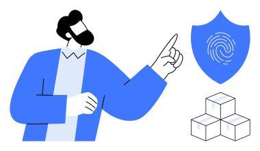 Bearded man gestures towards shield with fingerprint for identity security cubes symbolize structure and management. Ideal for cybersecurity, data protection, organization, technology, privacy