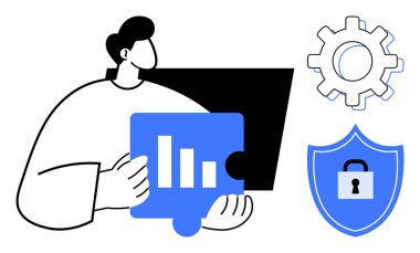 Person holding puzzle piece with bar chart, gear symbol, and shield with lock. Ideal for teamwork, security, data protection, innovation, collaboration strategy technology-based solutions. Simple