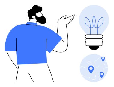 Man gesturing toward a light bulb symbolizing innovation and a globe with location markers denoting global thinking and connectivity. Ideal for creativity, innovation, global ideas, strategy, startup