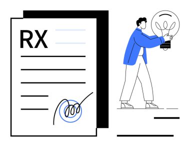 Man carries large light bulb near signed prescription paper, suggesting creative health solutions. Ideal for healthcare, innovation, medication, problem-solving, inspiration, medical research