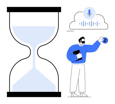 Large hourglass representing time, person holding tablet, interacting with voice assistant in cloud. Ideal for efficiency, productivity, digital technology, time saving, innovation, planning simple