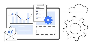 Analytics chart, checklist clipboard, email envelope, gear, and cloud outline. Ideal for productivity, workflow, planning, automation cloud storage digital communication simple flat metaphor