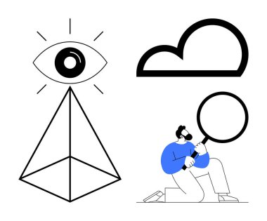 Man kneeling while examining with magnifying glass beside pyramid structure with eye symbol and cloud outline. Ideal for analysis, research, mystery, vision, exploration, mindfulness, and simplicity